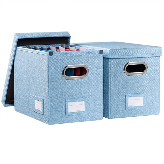 File Organizer Box - Set of 2 Collapsible Decorative Linen Filing Storage Hanging File Folders with Lids Office Cabinet Letter Size Blue (14x9.3x10.8 inch)