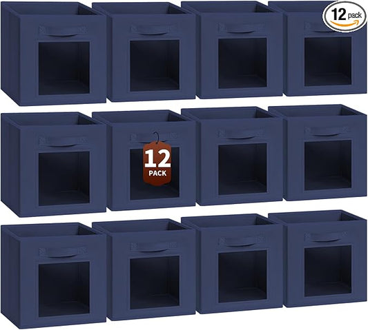 Storage Cube 11 Inch - Cube Storage Bins with Window, Closet Storage Baskets with Handle, Fabric Bins for Closet, Shelves, Toys, Clothes, Set of 12, Navy Blue