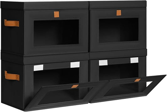 DIMJ Storage Bins with Lids - 4 Pack Front Opening Stackable Fabric Storage Boxes with Clear Window & Handles, Collapsible Closet Organizers for Clothes, Sweaters, Shelf Storage, Bedroom, Black