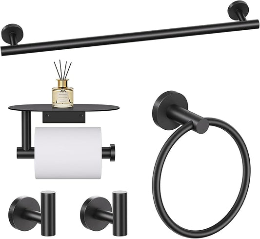 TURS Matte Black 5 Piece Bathroom Hardware Set, SUS304 Stainless Steel Bath Towel Bar Set, Bathroom Towel Rack Set Wall Mounted