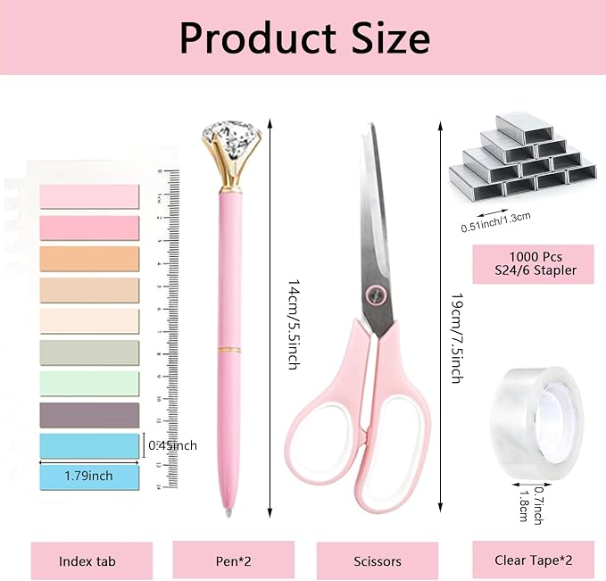 Office Supplies,Pink Desk Accessories,Desk Organizer,Stapler,Tape Dispenser,Folding Phone Stand,Scissors,Notebook,Staple Remover,Staples,Clear Tape,Sticky Notes,Clips,Cool Pen,Bookmark,Ect.22pcs