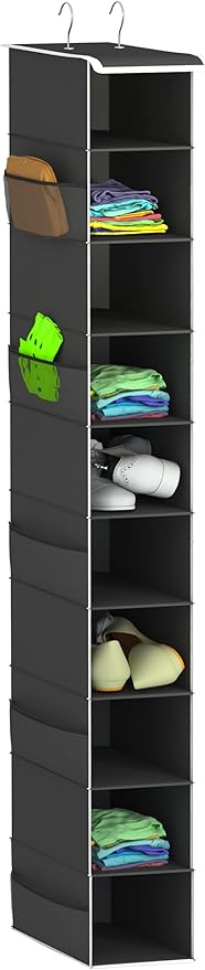 Libeder 10-Shelf Hanging Shoe Organizers with Side Pockets, Black | Hanging Closet Organizer with Side Pockets for Wardrode,Dorm, Folding Shoe Racks, Space Saving Hanging Shelves with Hooks
