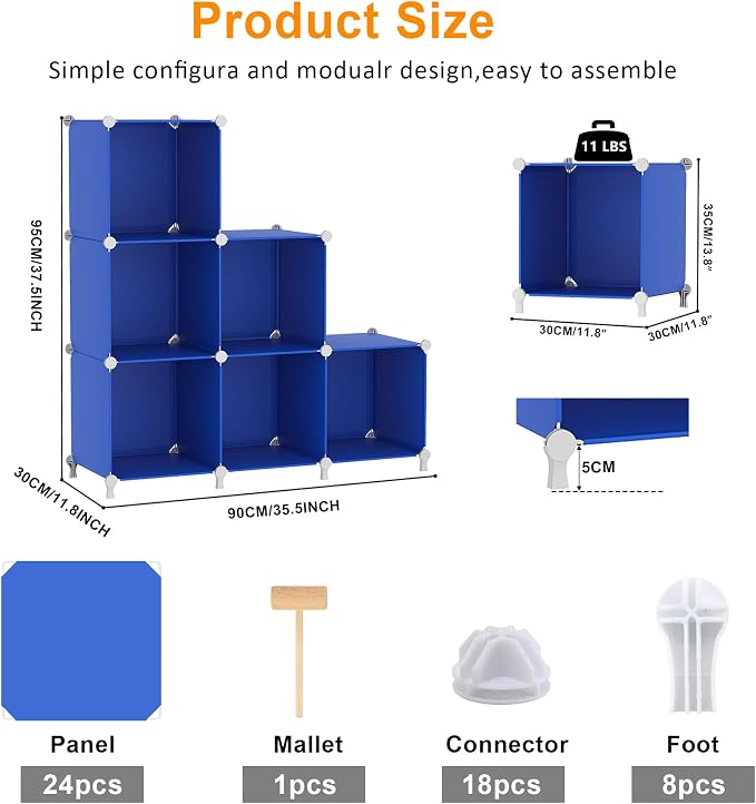 AWTATOS Cube Storage Organizer, 6 Cube Closet Organizers Storage Shelves | DIY Stackable Closet Storage Cubes Shelf Bookshelf, Plastic Clothes Organizer Shelving for Bedroom, Home, Admiral Blue