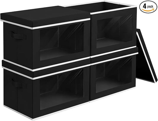 Homsorout Cube Storage Bins with Lids, Clear Window Storage Baskets for Organizing, Fabric Organizer Bins with Handle, Cloth Storage Bins for Shelves, Closet, Clothes, Towels, 4 Packs, Black