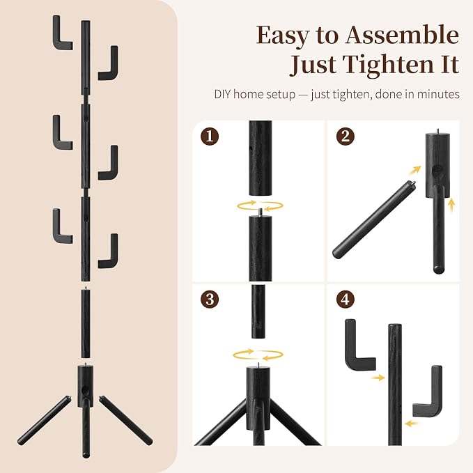 Yoobure Solid Wood Coat Rack - Cactus Coat Tree Freestanding with 8 Hooks, Coat Hanger Stand with 3 Adjustable Sizes for Jacket, Hat, Clothes Stands for Hall, Entryway, Bedroom, Office, Living Room