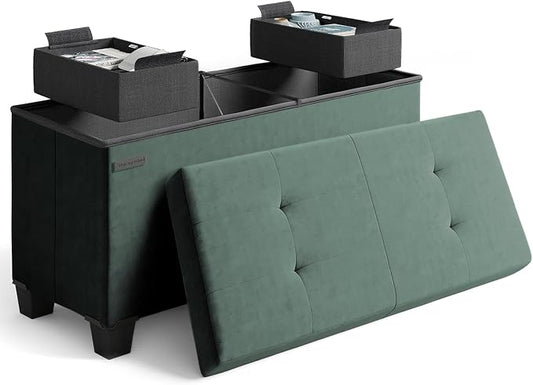 Storage Ottoman Bench with Bins, 30-in Storage Bench for Bedroom End of Bed, Folding Foot Rest Ottoman for Living Room Max 660lbs, Velvet Ottomans, Green