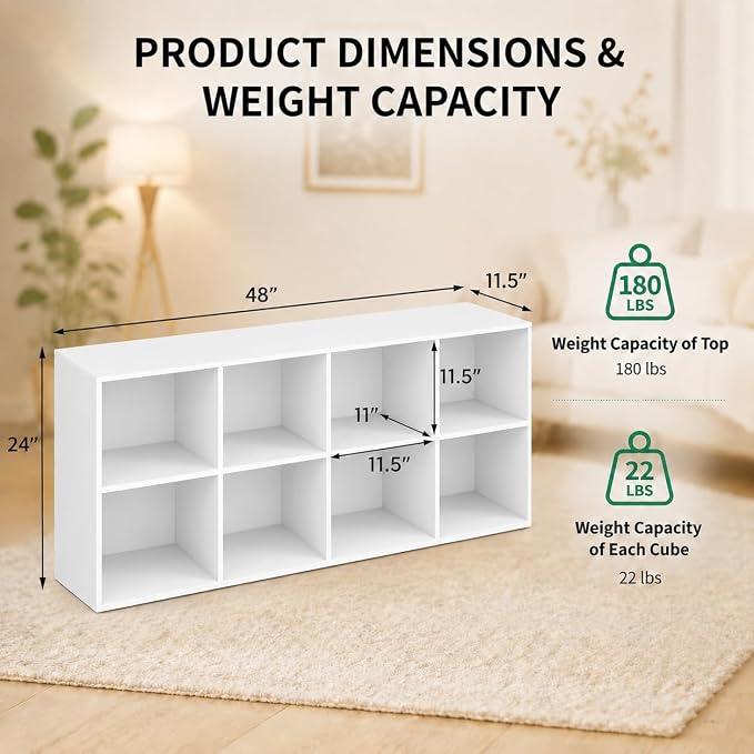POWERSTONE 8 Cube Storage Organizer, Open Cube Bookshelf with Back Panels, Modern Display Cubby Bookcase for Bedroom Living Room Home Office, White