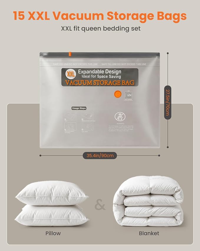 15 Pack XXL Vacuum Storage Bags with Rechargeable Cordless Pump, Vacuum Seal Bags for Clothing, Bedding, Blankets, Pillows and Comforters, Space Saver Compression Bags for Luggage Packing and Moving