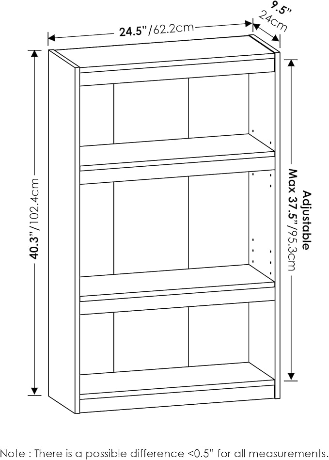 Furinno Jaya Book Shelf, 3-Tier Modern Bookshelf with Adjustable Shelf, Bookcase with Open Shelf, 9.5 x 24.5 x 40.3, for Organization and Storage, for Living Room, Bedroom, Home Office, Darkwood