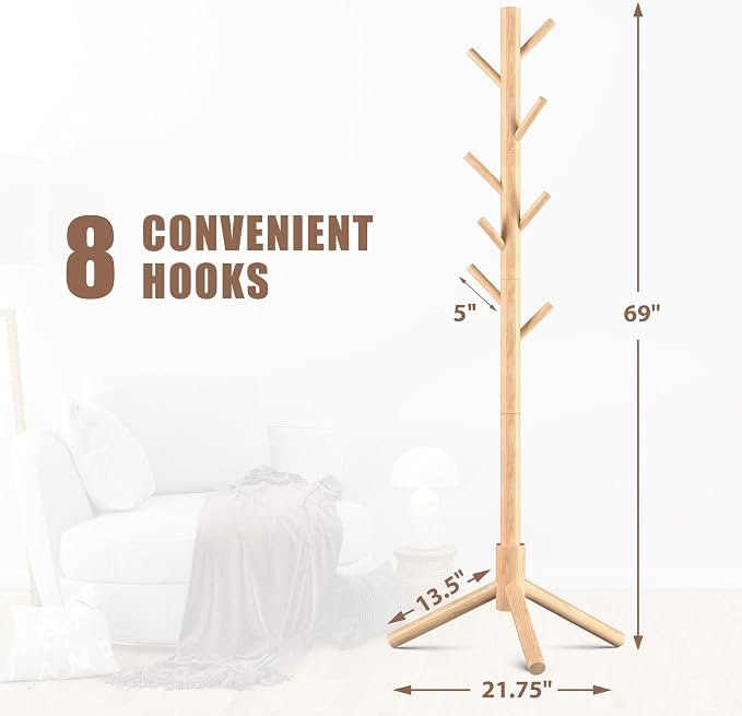 Haddockway 3 Adjustable Freestanding Wooden Coat Rack Stand 8 Hooks,Hallway