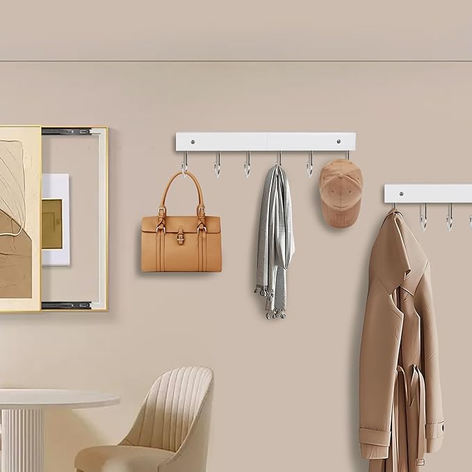 2-Pack Coat Rack Wall Mount, 14.6" Wooden Wall Hanger, 12 Rotating Hooks | Wooden coat rack, for coats, purses, hats, jackets, towels, space-saving entryway, hall, apartment organizer, white