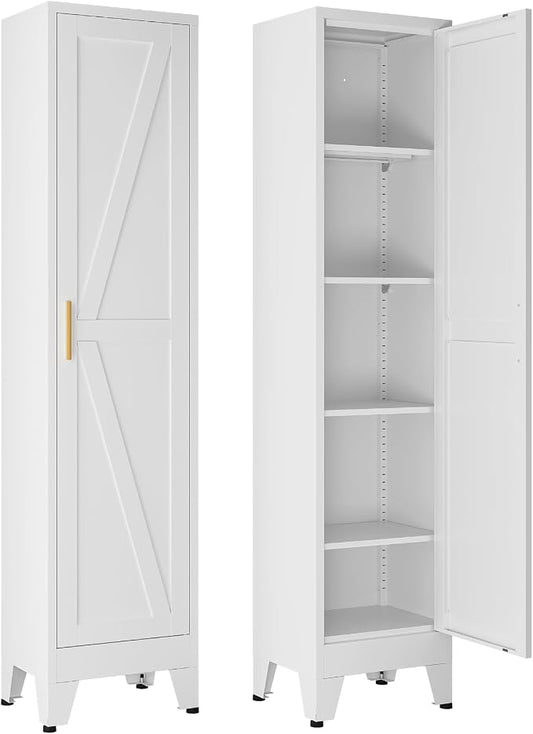 67" Tall Storage Cabinet with Reversible Doors and Adjustable Shelves,Metal Slim Freestanding Cabinet for Bathroom Kitchen Garage Small Spaces,White1 Pack