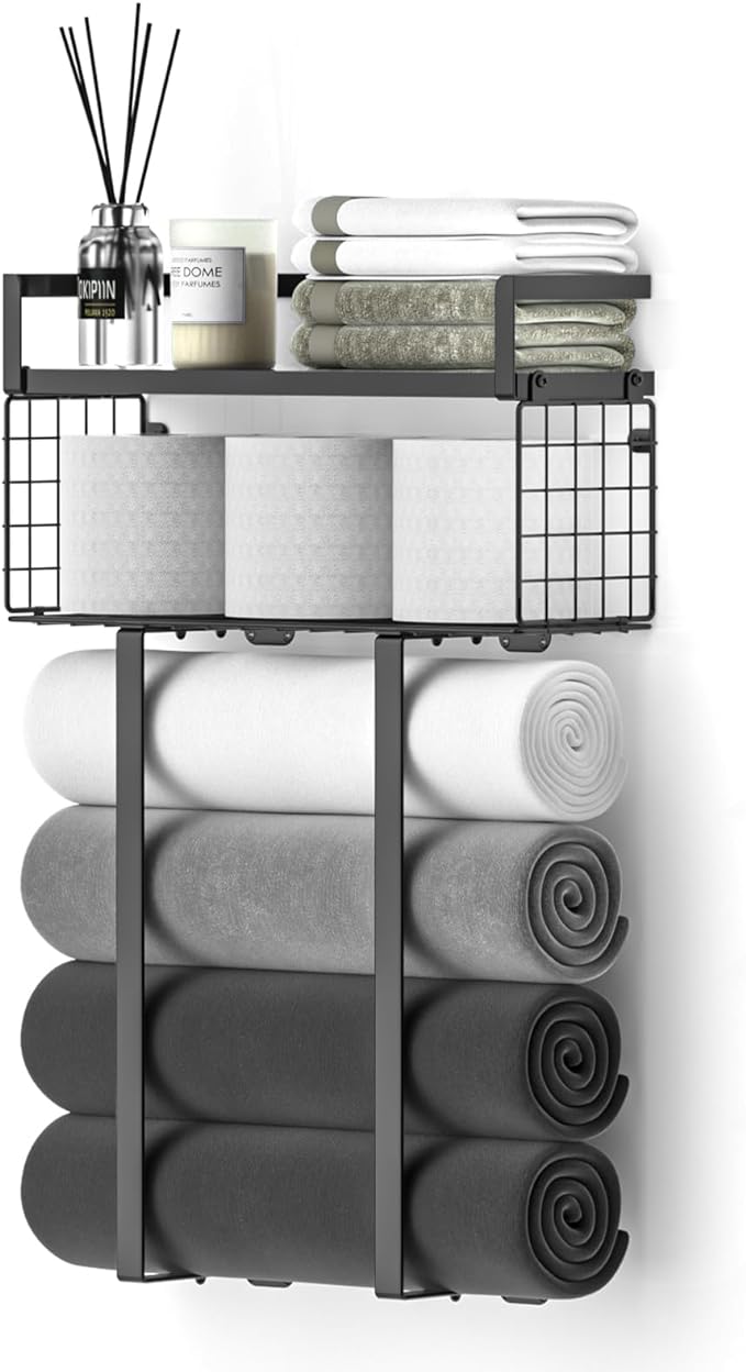 Xstydes Towel Racks for Bathroom, Metal Towel Holder with Storage Basket,Wall Towel Rack for Rolled Towels, Towel Storage for Small Bathroom,Black