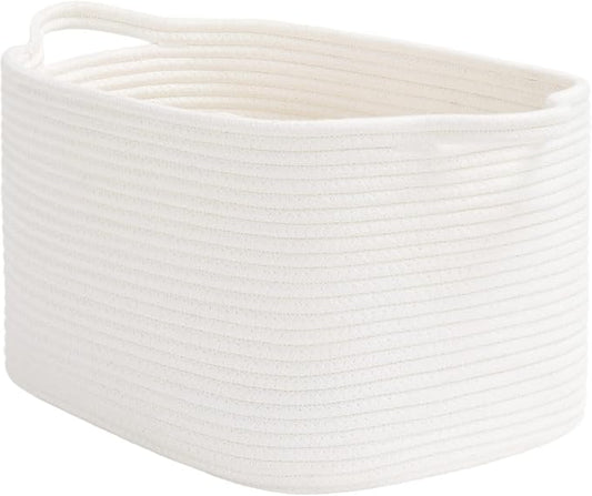 Goodpick Woven Rope Storage Basket with Handles, 13" x 10" x 9", White | Rectangle Basket for Books, Toys & Towels Storage, Shelf & Closet Organization, Living Room & Nursery Decor