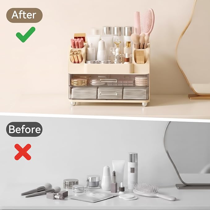 Makeup Organizer for Vanity with 2 Large Drawers and 6 Brush Holders, Cream | Large-Capacity Makeup Holder Keeps Skincare and Cosmetics Organized and Easy to Reach on Vanity or Bathroom Counters