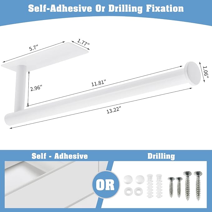 theaoo Under Cabinet Paper Towel Holder for Kitchen, Self-Adhesive, White | Wall Mounted Paper Towel Roll Rack for Bathroom or Kitchen, SUS304 Stainless Steel, Install with Adhesive or Screws