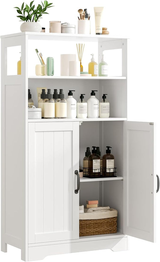 GRUSIGN 43.3" H Bathroom Storage Cabinet with Doors, Freestanding Small Bathroom Cabinet Organizer, Farmhouse Cupboard, Adjustable Shelves, for Laundry Room, Kitchen, Living Room, White