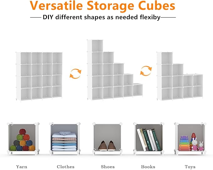 AWTATOS Cube Storage Organizer, 16 Cube Closet Organizer, White | Stackable Storage Cube Shelves, DIY Portable Closet Clothes Organizer, Plastic Shelving for Bedroom, Wardrobe, Bathroom