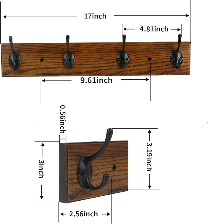 Coat Rack Wall Mounted, Wall Coat Rack with 4 Rustic Coat Hooks, 17” Entryway Ash Wood Coat Hanger Rail Hooks for Hanging Coats Hats, Perfect for Bedroom Bathroom Kitchen