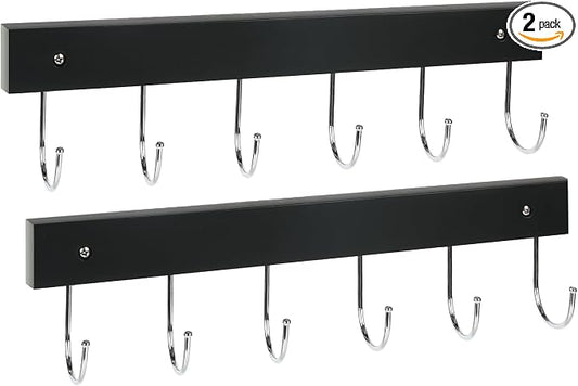 2-Pack Coat Rack Wall Mount, 14.6" Wooden Wall Hooks, 12 Rotating Hooks | Wooden coat rack; for coats, purses, hats, jackets, towels; space-saving entryway, hall & apartment storage, Black