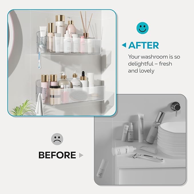 Nieifi Adhesive Shower Shelves, Clear, 2 Pieces | Rustproof ABS, Large Capacity, Removable Design, Easy-Clean, No Drilling Shower Organizer for Bathroom Storage & Home Decor