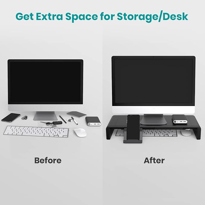 Klearlook Computer Monitor Stand for Desk, Adjustable Foldable Monitor Riser with Storage Drawer & Tablet Phone Holder for Office, Home, Laptop, Desktop (Black 2 Pack)