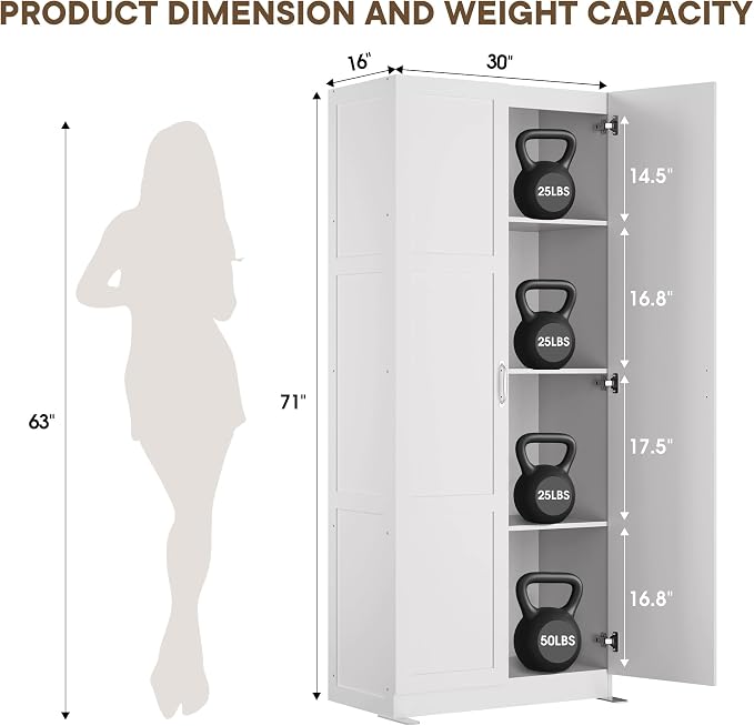 DUMOS Tall Storage Cabinet with Doors and Shelves, Kitchen Pantry Cabinet | 71'' Wood Storage Freestanding Wooden Cabinets for Bedroom, Pantry, Home Office, Dining Room & Living Room, White