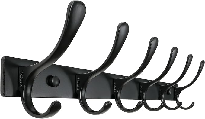 SKOLOO Coat Rack Wall Mounted - 6 Hooks, Heavy Duty, Stainless Steel, Metal Wall Hanger, Sturdy Coat Hooks for Hanging Coats, Jacket, Clothes, Hats - Black