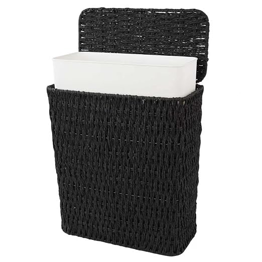 Coeusy 3 Gallon Paper Rope Bathroom Trash Can,Small Wicker Trash Cans with Lid and Liner,Woven Rattan Narrow Waste Basket for Bedroom,Office,Black