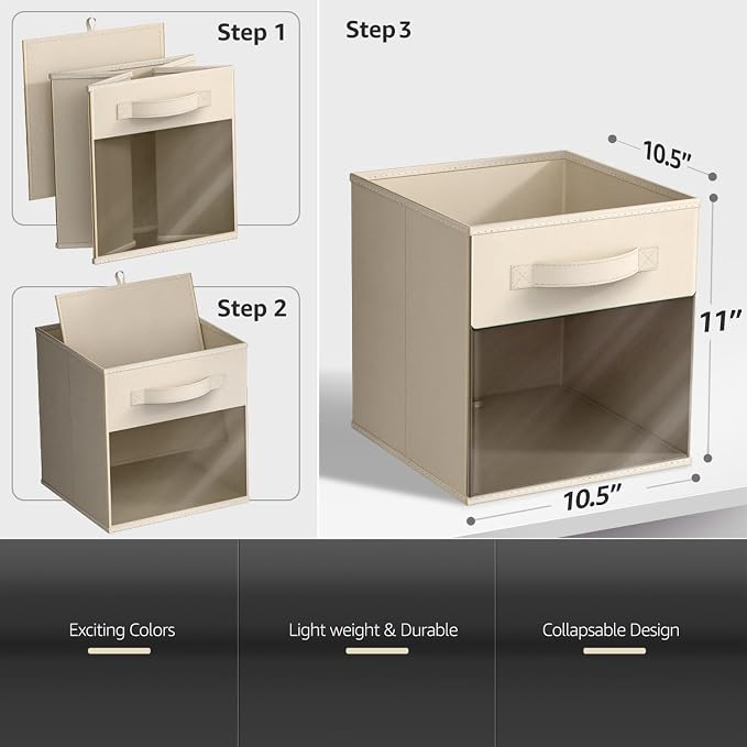 Sorbus 11 Inch Storage Bins with Clear Window - 6 Foldable Baskets for Organizing Clothes, Toys, Books - Sturdy Collapsible Fabric Storage Cubes with Handle - Storage Baskets for Shelves, Closets