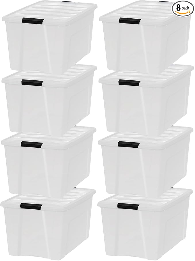 IRIS USA 72 QT Plastic Storage Box with Lid and Latches - 8 Pack - BPA-Free, Discreet Organizing Solution, Durable Nestable Stackable Containers, Secure Pull Handle - Pearl