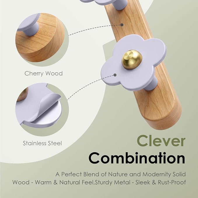 Tindbea Upgreded Heavy Duty Coat Rack Wall Mount for Entryway, Kids' Room | Cheery Wood, Purple, 5 Hooks