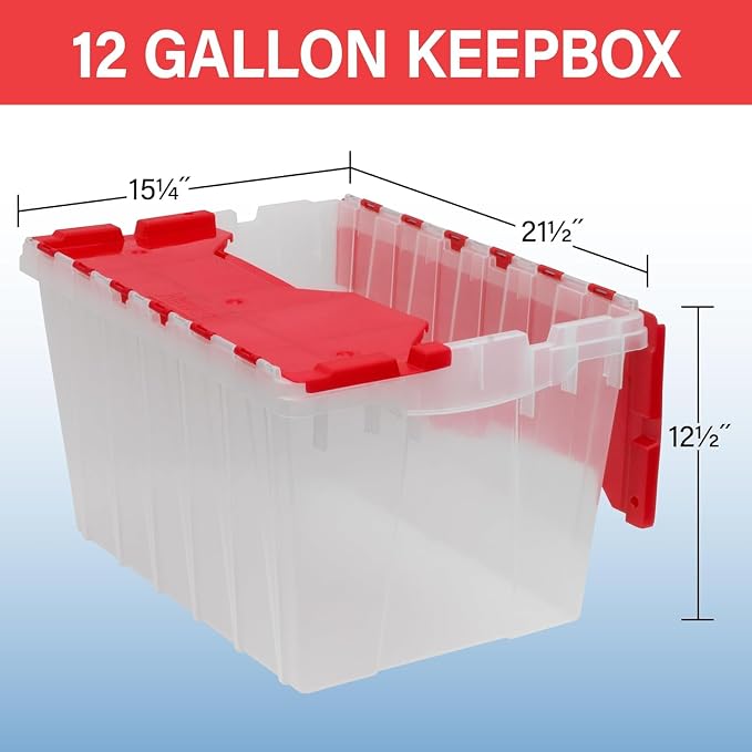 Akro-Mils KeepBox 12 Gallon Storage Container, Nesting and Stackable Plastic Storage Box with Lid Attached, Clear Tote for Garages, Closets, and Moving, 21-1/2" x 15" x 12-1/2", Clear/Red