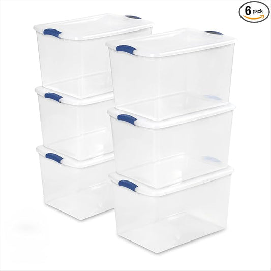 66 Qt Storage Bins 6-Pack, Clear Plastic Containers with Latching Lids | Clear Base & Lid, Secure Blue Latches, Recessed Stacking, 66Qt Capacity, BPA-Free Plastic