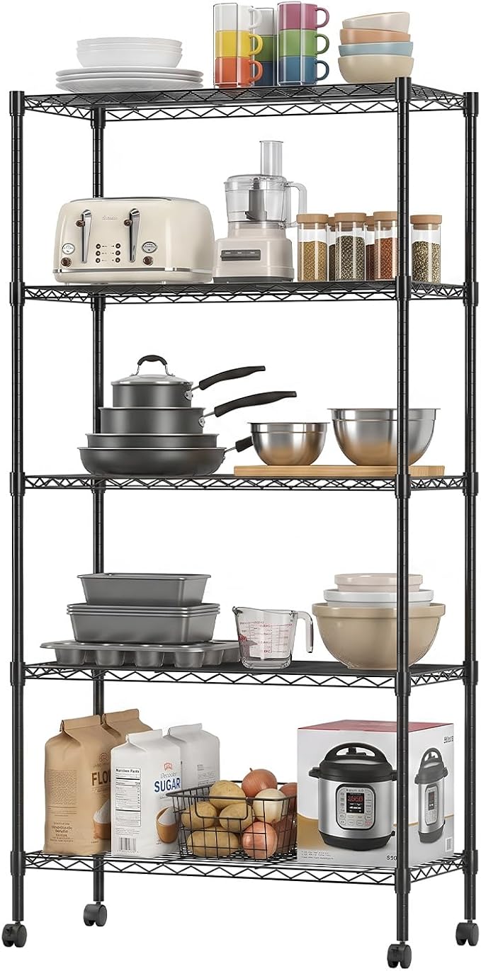BestOffice | 5-Tier Wire Shelf with Wheels | 14" x 30" x 60" | Black | Storage Shelves with Adjustable Racks, Holds upto 220 lbs | Rust-Resistant, No-Tool Assembly | For Home, Garage