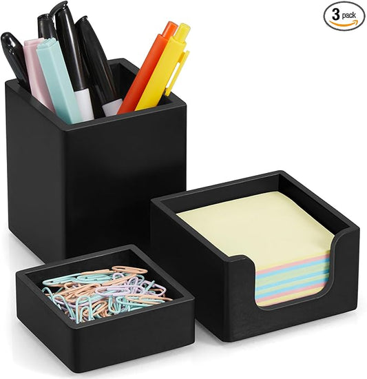 Black Desk Organizer Set of 3 - Wood Office Desk Accessories - Desk Organizers and Accessories for Women Men - Set incl. Pencil Pen Holder, Paperclip Storage and Sticky Note Holder
