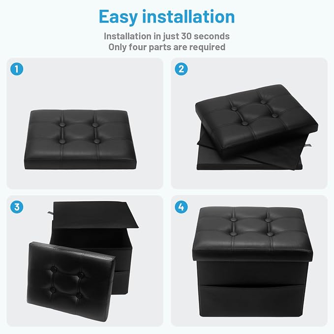 Bsketa Storage Ottoman Bench,17 Inch Folding Leather Foot Rest Stool, Black | Small Ottoman with Side Pockets, Thicker Foam Padded Seat, Livingroom, Dorm, Bedroom, Easy to install, 43L,17x13x13in