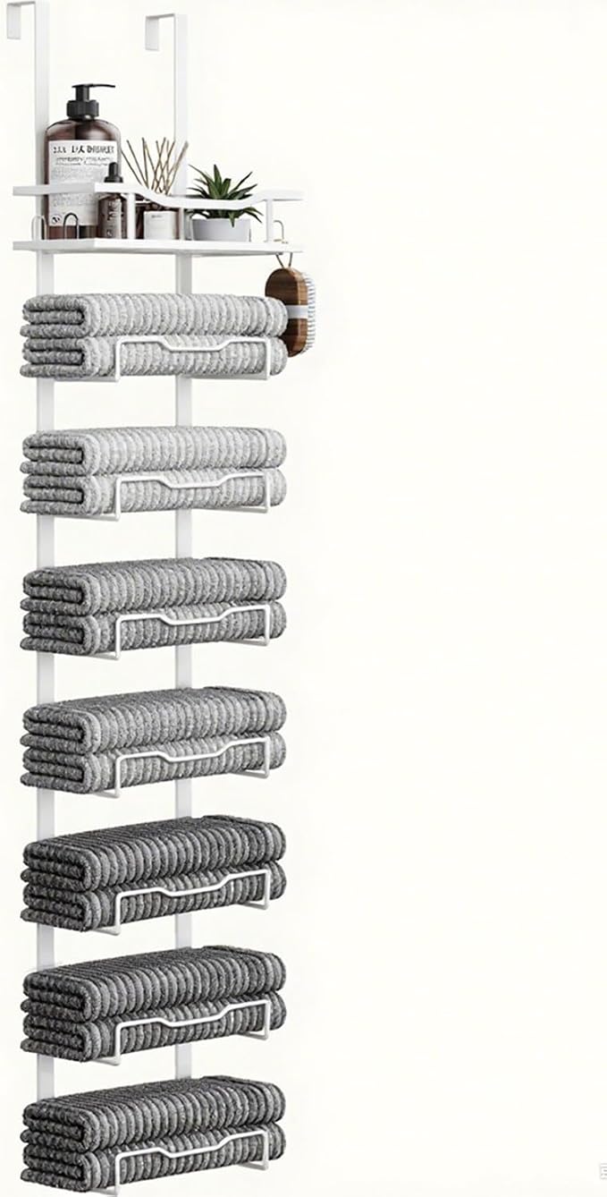Aetyord Hanging Towel Racks for Bathroom Storage | 6-Tier Over The Door Bath Towel Storage Organizer with Metal Shelf Basket for Small Bathrooms RV Camper White
