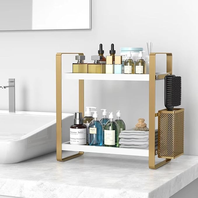 Bathroom Counter Organizer with Basket, Perfume,Makeup Organizers for Vanity,Storage Organizers for Bathroom, Kitchen, Dresser（White）
