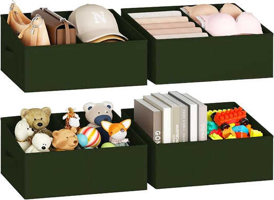 DIMJ Large Closet Shelf Organizer Bins 4 Packs with Handles and Divider, Fabric Trapezoid Storage Baskets, Foldable Clothes Containers Box for Shelf, Towel, Book, Toy, Purse, Hats, Green