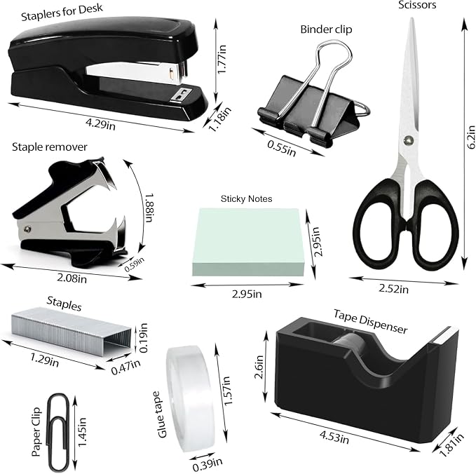 Black Desk Organizer Set, Office Supplies with Stapler and Tape Dispenser | Includes Desk Drawer Organizer,Tape, Staples, Staple Remover, Paper Clips, Scissors and Sticky Notes for a Neat Workspace