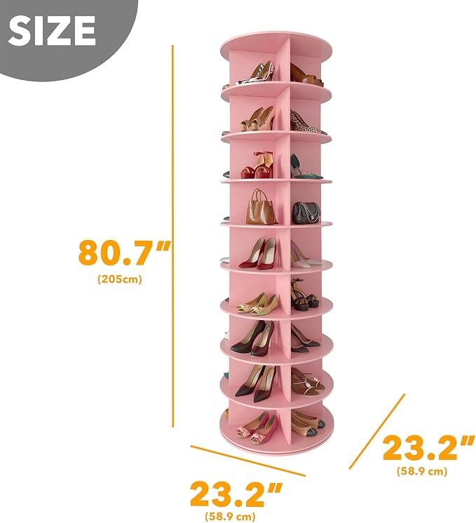 SpaceAid 9 Tier Rotating Shoe Rack Tower, Spinning Shoe Display Lazy Susan, Revolving 360 Shoe Rack Storage Round Carousel, Vertical Handbag Rotate Shoes Closet Organization (9-Tier Pink)