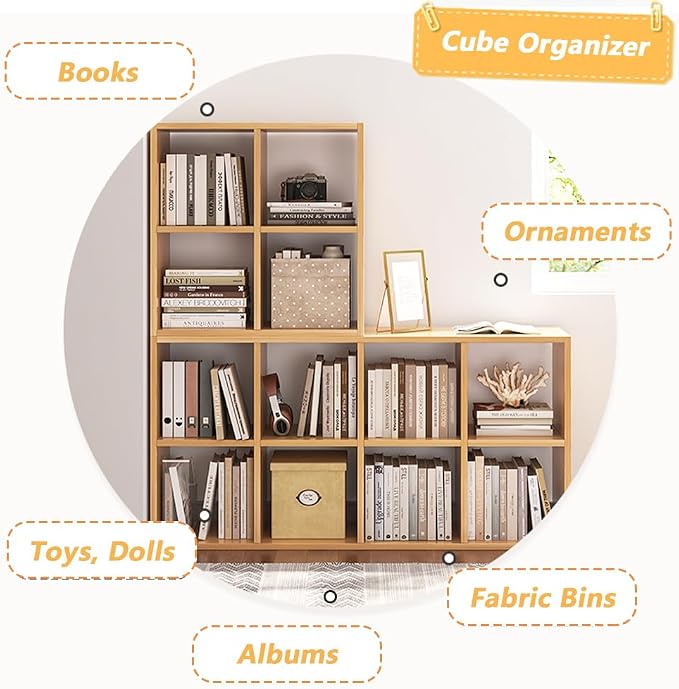NELYE 4 Cube Organizer Bookcase White Open Shelf | Suitable for 11-inch Fabric Storage Bins, Simple Compartments Bookshelf, Holds 20 Lbs per Cube