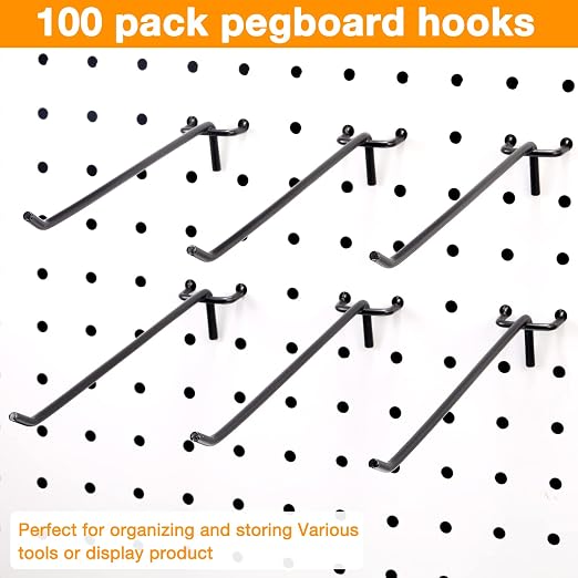 100 Pcs Peg Board Shelving Hooks Stainless Steel Hanging Board Pegs Wall Display Hooks Bulk for 1/8 1/4 Garage Storage Organizer Accessories (8 Inch,Black)