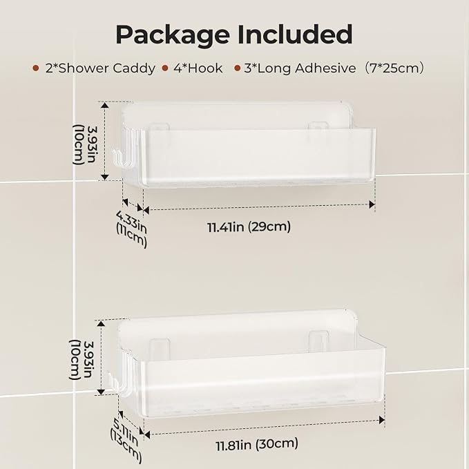 Orimade Shower Caddy 2-Pack, No-Drill Adhesive Shelves with 4 Hooks for Bathroom, Rustproof ABS Plastic Storage Organizer Set, Clear