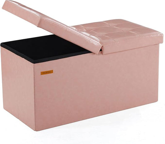 HAUSFRAU Ottoman with Storage Bench Folding Foot Rest Stool Pink | 30", Flip Lid, Faux Leather, Upholstered Foldable Footrest Footstool, Bedroom Bench, Living Room Dorm Ottoman, Rectangle