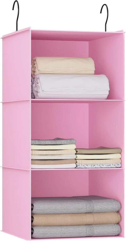 Hanging Closet Organizer 3-Shelf, Oxford Fabric Wardrobe Storage, Pink | Easy-mount foldable design holds clothes, handbags, shoes & accessories; washable Oxford fabric, sturdy and space-saving.