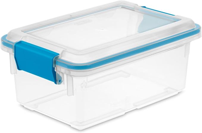 Sterilite Gasket Storage Box w/Lids for Home & Office, 7.5 Quart, 12-Pack | Heavy-Duty, Stackable, and Organizing Containers for Bathroom, Cabinet, Closet, and Garage, Clear and Blue Aquarium Latches