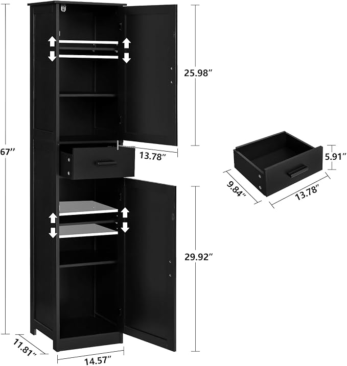 usikey 67'' Tall Storage Cabinet with 4 Shelves & 2 Doors, Bathroom Cabinet with 1 Drawer, Narrow Storage Cabinets for Bathroom, Living Room, Home Office, Black