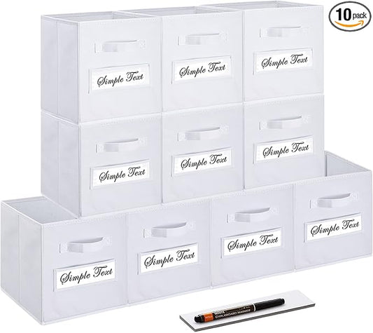 Fabric storage cubes (Set of 10) 11 Inch Cube Storage Bin, cube storage with 8 Labels Window Cards & a Pen, Foldable cube organizer bins, 11x11 storage bin, Cubby Organizer bins, White